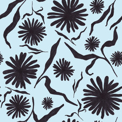 Black flowers with foliage, hand drawn seamless pattern with blossom on blue background