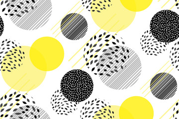 Vector cirkels abstracte naadloze patroon achtergrond. Art stippen moderne sjabloon met heldere gele elementen samenstelling. Memphis. Minimalistisch ontwerp, behang, geometrisch patroonstaal. Vector.