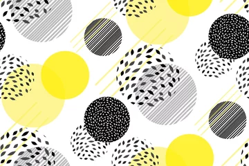 Behang Vector cirkels abstracte naadloze patroon achtergrond. Art stippen moderne sjabloon met heldere gele elementen samenstelling. Memphis. Minimalistisch ontwerp, behang, geometrisch patroonstaal. Vector. © Snejana  Sityaeva 