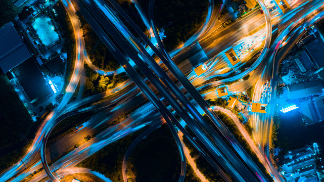 Aerial top view of toll expressway payment point, Road traffic an important infrastructure, Road and Roundabout.