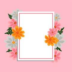 Cosmos Flower Frame Pink, natural summer field, beautifully relaxing nature. Vector illustration floral