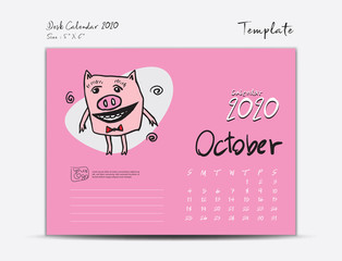 Calendar 2020 template with Cute Pig vector illustration, October, Chinese desk calendar 2020, Lettering calendar, hand drawn pigs cartoon Can be used for postcard, gift card, banner, poster, flyer