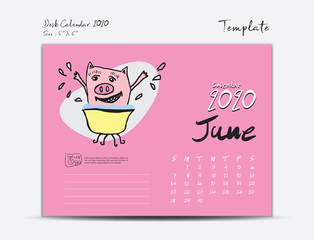 Calendar 2020 template with Cute Pig vector illustration, June, Chinese desk calendar 2020, Lettering calendar, hand drawn pigs cartoon Can be used for postcard, gift card, banner, poster, flyer