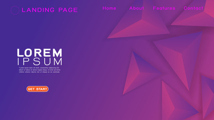 Landing page template with abstract colorful gradient and 3D triangular geometric background. Vector illustration