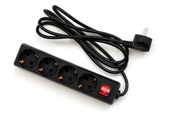 Black power surge, isolated on a white background. Portable socket. Power bar with built-in surge protector and multiple outlets.