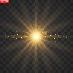 Star burst with dust and sparkle isolated. Glow light effect with rays and shine particles.