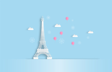 Illustration of  travel in Paris with Pink balloon and place for your text space. Eiffel tower Paris in beautiful day. paper cut and craft style. vector, illustration.