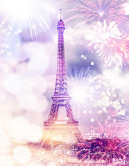 romantic New Year destination Eiffel tower with fireworks Paris, France