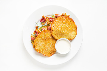 potato pancakes with sausage and mushrooms