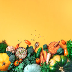 Vegan and vegetarian diet, harvest concept. Autumn vegetables, lentils, beans, raw ingredients for...