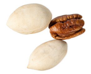 Pecan nuts with leaves isolated on a white background.