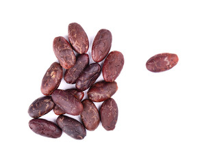 Peeled cacao beans, isolated on white background. Roasted and aromatic cocoa beans, natural chocolate. Top view.