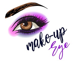 Makeup artist business card template. Vector hand drawn illustration of colorful women eyes  make-up. Concept for beauty salon, cosmetics label, visage and makeup, Motivation quote: beauty salon