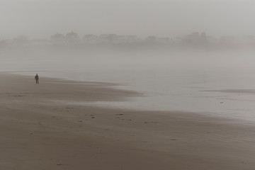 Fototapeta na wymiar person walking on a foggy beach