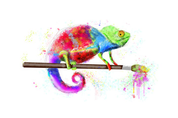 Painted in bright colors, a chameleon sits on a brush © natalylad
