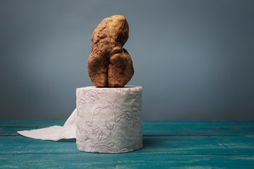 The concept of modern art. Potatoes in the shape of a human body on a roll of toilet paper.