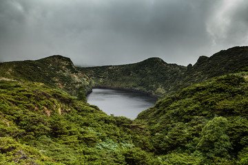 View to Lagoa Comprida on a foggy day, Flores, Azores, Portugal