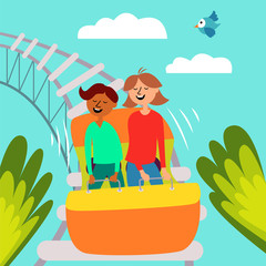 Girl and boy ride a roller coaster. Children's attraction. Adrenaline. Thirst for speed and fun. Vector editable illustration