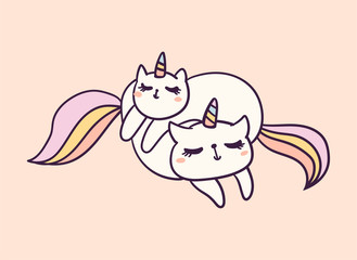 Cute cartoon character cat unicorn, funny vector illustration. T-shirt print graphic art.