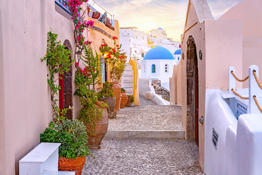 Fototapeta Narrow scenic street of Oia Village on Santorini Island at sunset, Greece.