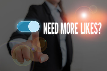 Word writing text Need More Likes Question. Business photo showcasing asking if he needs additional reaction on his post Woman wear formal work suit presenting presentation using smart device