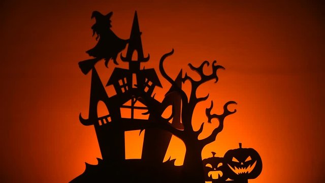 Halloween, shadows of castle pumpkins and witches
