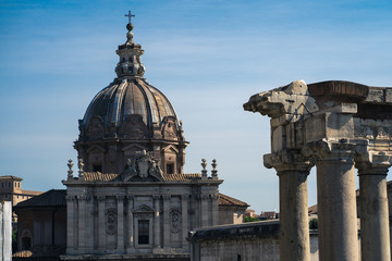 Fototapeta premium Close up of dome of The church of Santi Luca and Martina with the remains of the Roman Forum, Rome, Italy