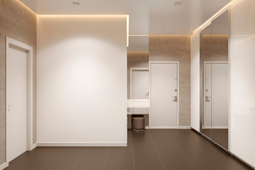Beige modern entrance hall with mock up wall, wardrobe, mirror, pouf, and doors. Front view. 3d illustration.