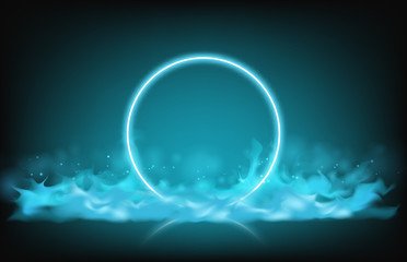 abstract blue neon light circle frame and smoke background