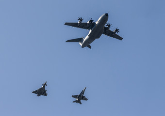 f18 eurofighter a400m formation military jet fighter