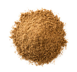 Pile of ground flax on a white background. The view of top.