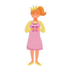 Happy girl in crown with gift box flat vector illustration. Birthday party celebration. Cheerful cute little kid in pink dress hold present isolated cartoon character on white background