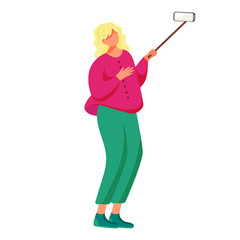 Woman takes phone selfie flat vector illustration. Teenager lifestyle. Video streamer. Adolescent girl makes self portrait with smartphone and monopod isolated cartoon character on white background