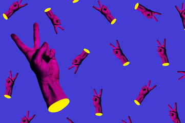 Contemporary minimalistic art collage in neon bold colors with hands showing yo sign. Surrealism creative wallpaper.
