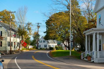 Historic buildings near town hall on Main Street in New Castle, New Hampshire, USA.