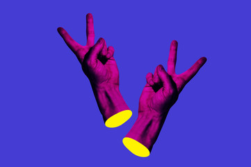 Contemporary minimalistic art collage in neon bold colors with hands showing yo sign. Surrealism...