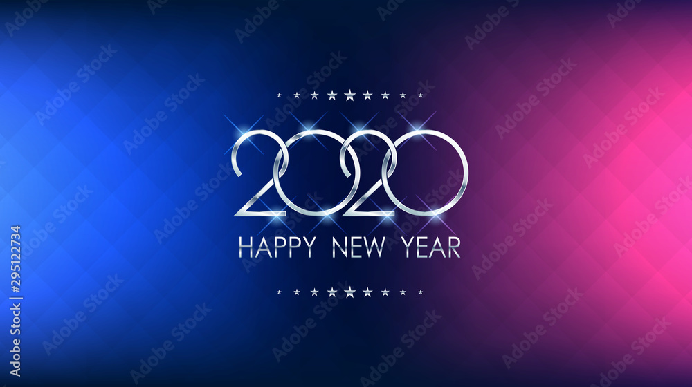 Wall mural silver happy new year 2020 and square polygon pattern on blue and violet color background