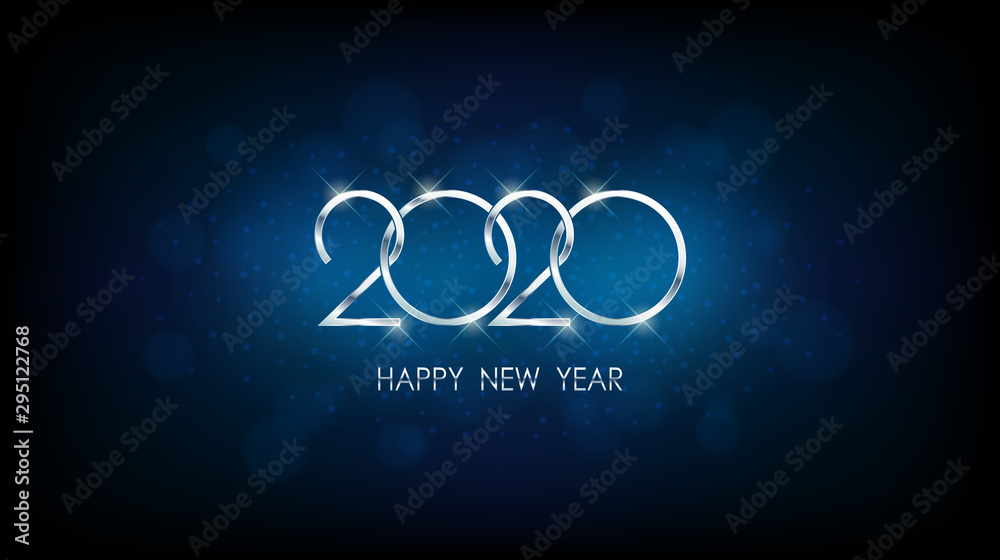 Wall mural silver happy new year 2020 with abstract bokeh and lens flare pattern in vintage blue color backgrou