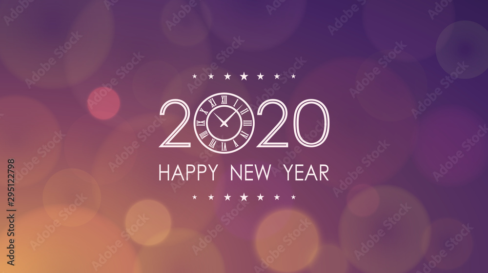 Wall mural happy new year 2020 with clock and abstract lens flare pattern in vintage color background