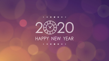 Happy New Year 2020 with clock and abstract lens flare pattern in vintage color background