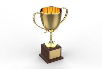 Golden trophy cup with blank golden plate. 3d render illustration.