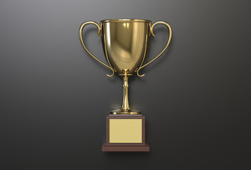 Golden trophy cup with blank golden plate. 3d render illustration.