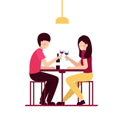 Man and woman in restaurant with a bottle of wine on the romantic date. Couple in love. People sitting at the table with clanging glasses of wine. Romance relationship. Flat vector illustration.