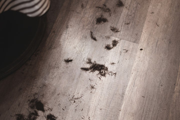 Trimmed dark hair on the floor. Haircut process. Barbershop haircut. Men's haircut