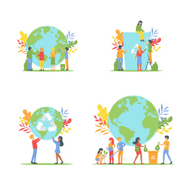 Set people cleaning the Earth Planet. Volunteers taking care about Planet. Concepts environment, ecology, nature protection, recycle waste. Flat vector illustration isolated white background.
