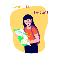 A girl with a map in hands. Travel concept flat vector illustration for banner, poster, template, layout, website.