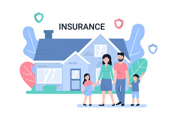 Happy young family buy big house. Flat vector concept illustration.