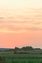 Fototapeta na wymiar Pink clouds on a red sky during sunrise over a meadow in the countryside