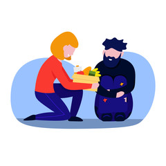 Helping to homeless. Good woman volunteer giving products to beggar man, Flat vector characters illustration isolated on white background.