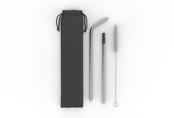Blank Stainless Steel Straws With Brush And Bag,Metal Straws With Pouch For Branding. 3d render illustration.